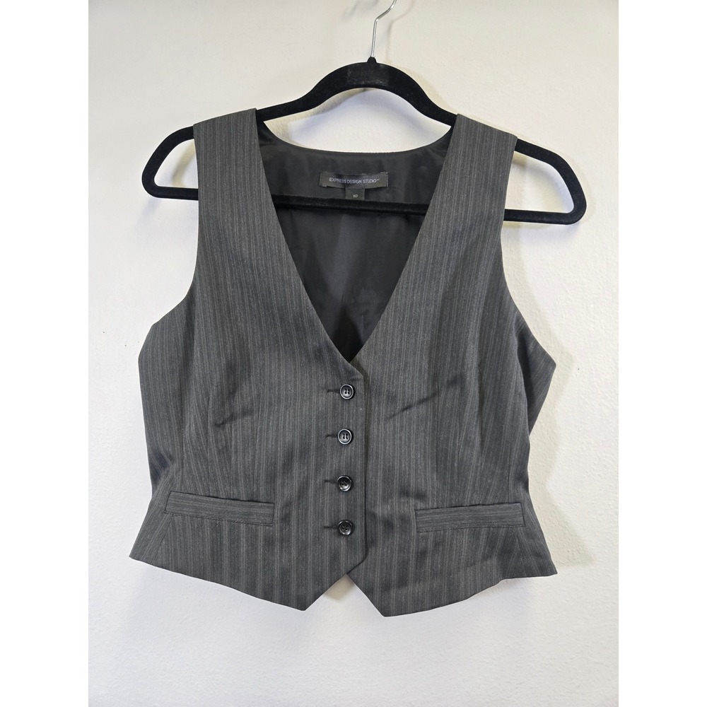 Express Y2K Pinstripe Tailored Waistcoat Vest Dark Academia Grey 10